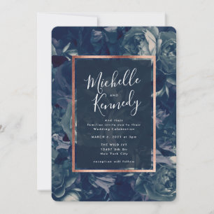 Navy Gold Floral Calligraphy Wedding Invitation Kaart