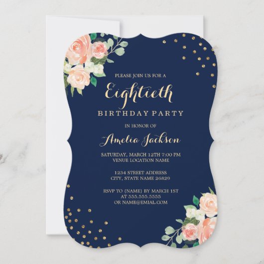 Navy Gold Floral Confetti 80ste verjaardagsfeest Kaart (Voorkant)