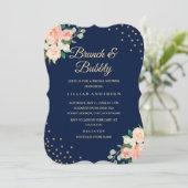 Navy Gold Floral Confetti Brunch en Bubbly Kaart (Staand voorkant)