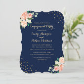 Navy Gold Floral Confetti Engagement Party Kaart (Staand voorkant)