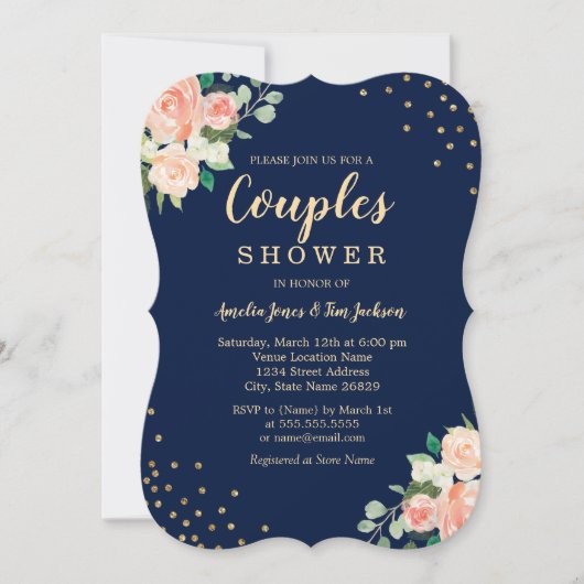 Navy Gold Floral Confetti Wedding Couples Shower Kaart (Voorkant)