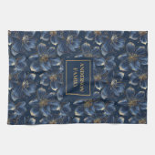 Navy Gold Floral Dish Towel Chic Personalized Gift Theedoek (Horizontaal)