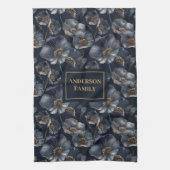Navy Gold Floral Elegant Monogram Kitchen Towel Theedoek (Verticaal)