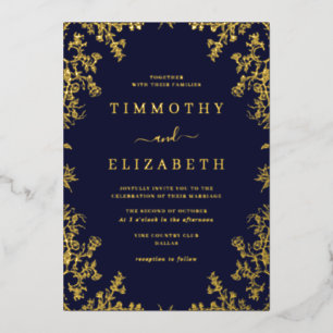Navy Gold Floral Elegante bruiloft Folie Folie Uitnodiging