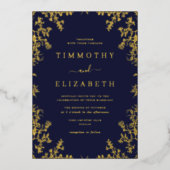 Navy Gold Floral Elegante bruiloft Folie Folie Uitnodiging (Voorkant)