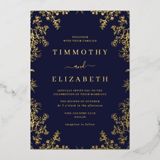 Navy Gold Floral Elegante bruiloft Folie Folie Uitnodiging (Voorkant)