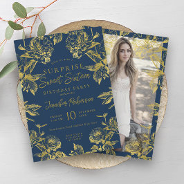 Navy Gold Floral Foto SURPRISE Sweet 16 Kaart