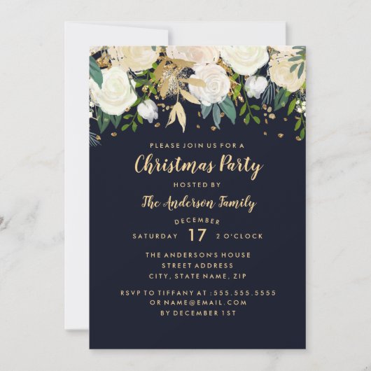 Navy Gold Floral Glitter Christmas Party Kaart (Voorkant)