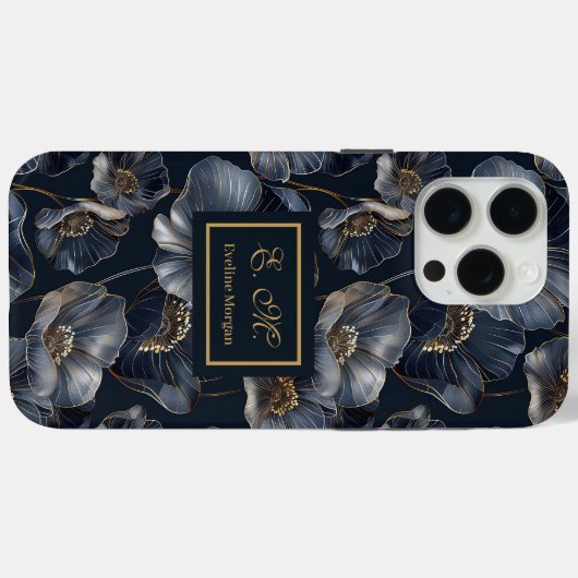 Navy Gold Floral iPhone Case Chic Quinceañera Gift (Achterkant (horizontaal))