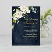 Navy Gold Floral Memorial Service Folie Uitnodiging (Staand Voorkant)