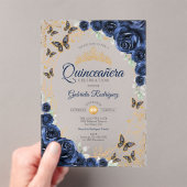 Navy Gold Floral Quinceanera Acryl Uitnodigingen (Insitu (Draagbaar))