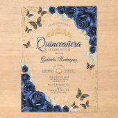 Navy Gold Floral Quinceanera Acryl Uitnodigingen (Voorkant)
