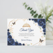 Navy Gold Floral Quinceanera Bedankkaart (Staand voorkant)
