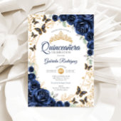 Navy Gold Floral Quinceanera Kaart