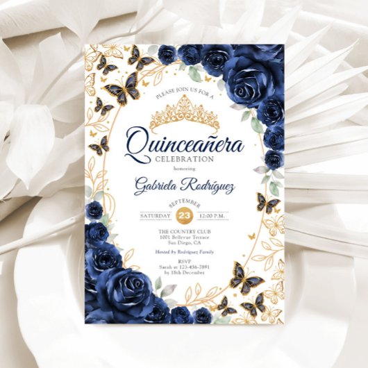 Navy Gold Floral Quinceanera Kaart