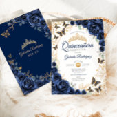 Navy Gold Floral Quinceanera Kaart