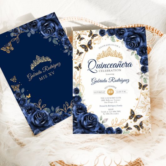 Navy Gold Floral Quinceanera Kaart