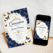 Navy Gold Floral Quinceanera Kaart
