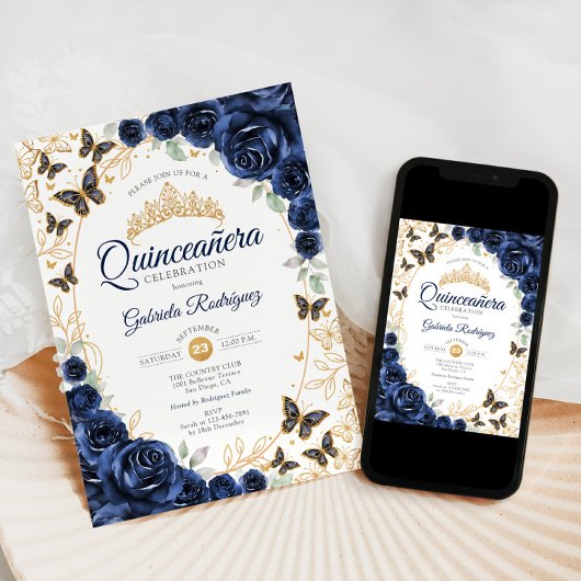 Navy Gold Floral Quinceanera Kaart