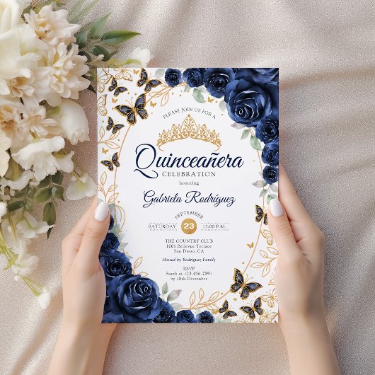Navy Gold Floral Quinceanera Kaart