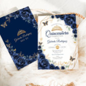 Navy Gold Floral Quinceanera Kaart