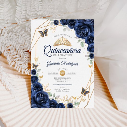 Navy Gold Floral Quinceanera Kaart