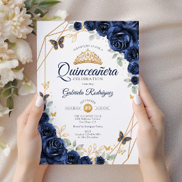 Navy Gold Floral Quinceanera Kaart