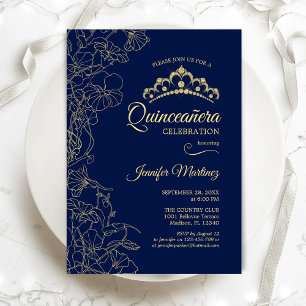 Navy Gold Floral Quinceanera Party Kaart