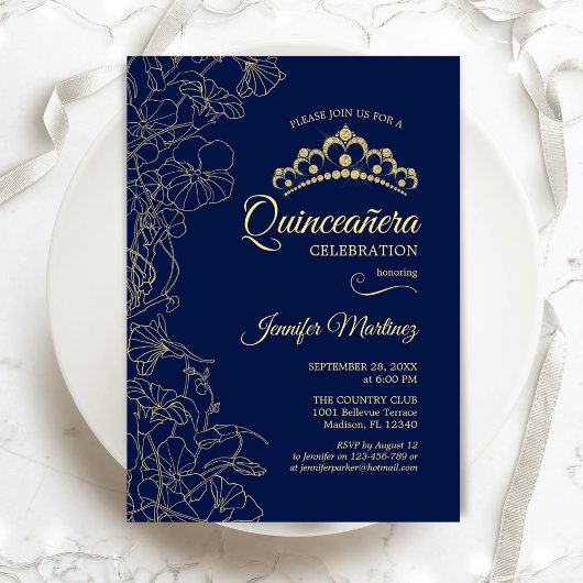 Navy Gold Floral Quinceanera Party Kaart