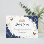 Navy Gold Floral Quinceanera Reply RSVP Kaartje (Staand voorkant)