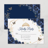 Navy Gold Floral Quinceanera Reply RSVP Kaartje (Voorkant / Achterkant)