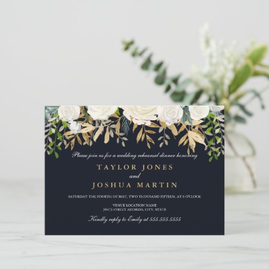 Navy Gold Floral repetitie diner uitnodigen Kaart (Staand voorkant)