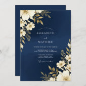 Navy Gold Floral Romance Wedding Kaart (Voorkant / Achterkant)