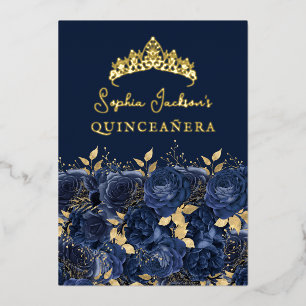 Navy Gold Floral Roos Quinceanera Folie Uitnodiging