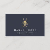Navy & Gold Floral Scissors Logo Haarstylist Visitekaartje (Voorkant)