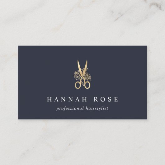 Navy & Gold Floral Scissors Logo Haarstylist Visitekaartje (Voorkant)