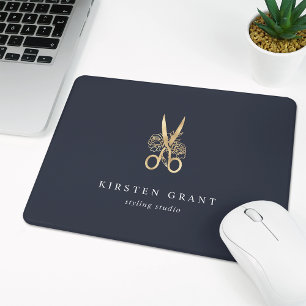 Navy & Gold Floral Scissors Salon Logo Muismat