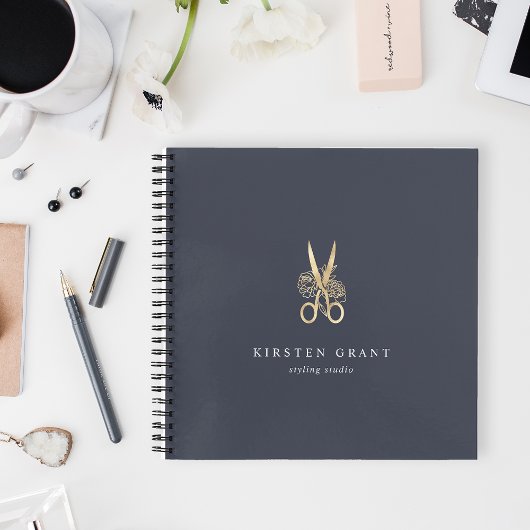 Navy & Gold Floral Scissors Salon Logo Notitieboek