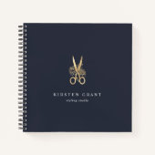 Navy & Gold Floral Scissors Salon Logo Notitieboek (Voorkant)
