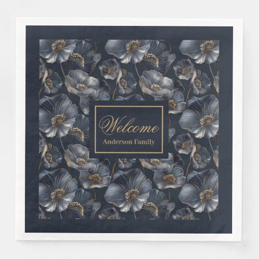 Navy Gold Floral servetten Elegant Monogram Accent (Voorkant)