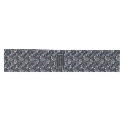 Navy Gold Floral Table Runner Elegant Monogram Medium Tafelloper (Horizontaal)