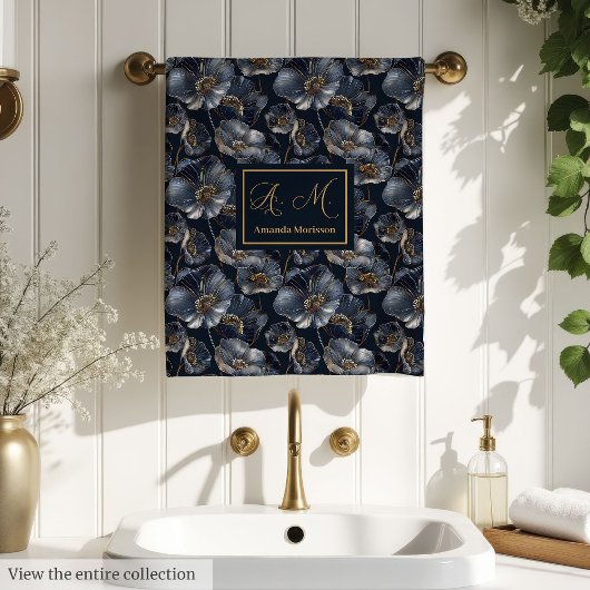 Navy Gold Floral Towels Elegant Monogram Accent Bad Handdoek