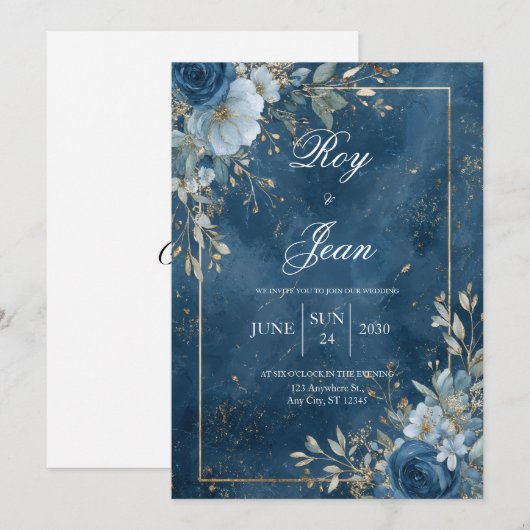 Navy & Gold Floral Uitnodiging voor het Huwelijk (Voorkant / Achterkant)