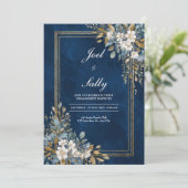 Navy & Gold Floral Uitnodiging voor het Huwelijk (Staand voorkant)