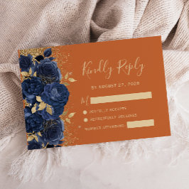 Navy Gold Floral Verbrand Sinaasappel Wedding RSVP