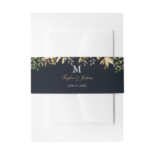Navy Gold Floral Waterverf bruiloft buik band Uitnodigingen Wikkel