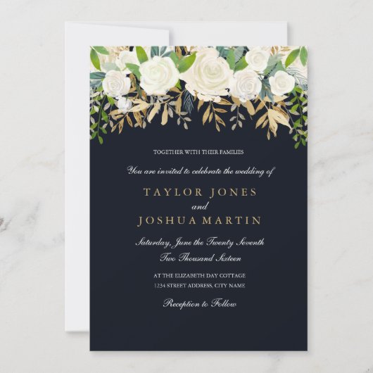 Navy Gold Floral Waterverf bruiloft uitnodiging (Voorkant)
