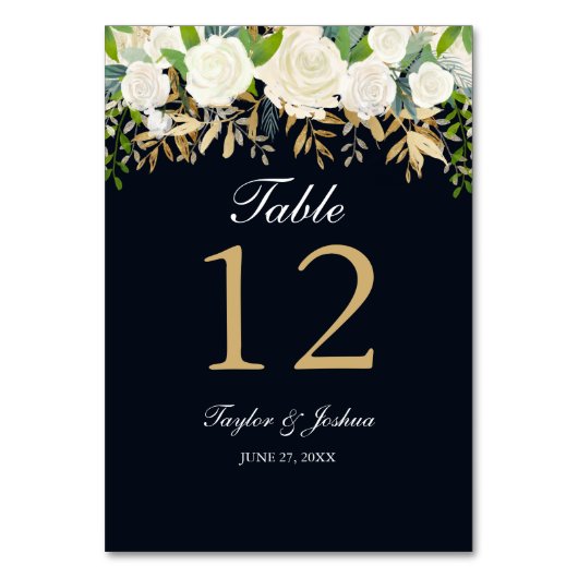 Navy Gold Floral Waterverf Trouwtafel Kaarten (Voorkant)