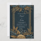  Navy Gold Floral Wedding Kaart (Voorkant)