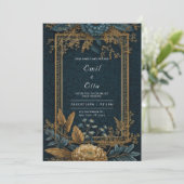  Navy Gold Floral Wedding Kaart (Staand voorkant)